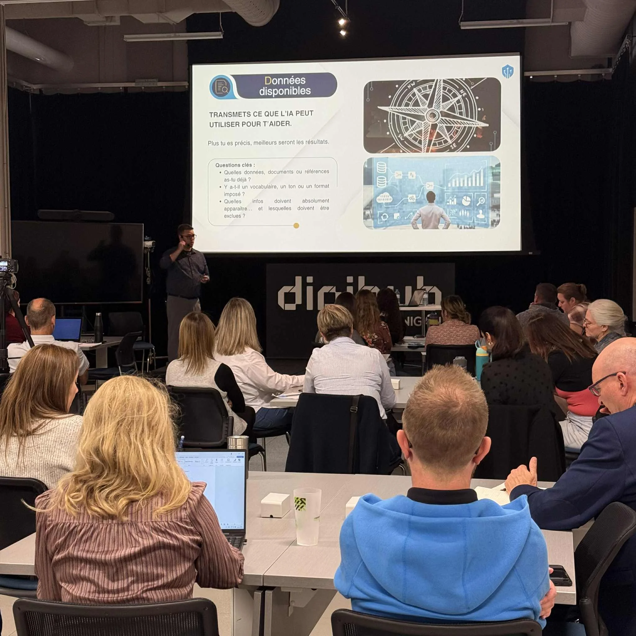 Boussole IA training led by Samuel Bellemare at DigiHub Shawinigan, October 2025 - managers from Quebec SMBs and organizations